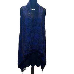 Vertigo Plaid Fuzzy Cardigan Womens Open Front Tweed Wrap Cape Boho Fringe Trim